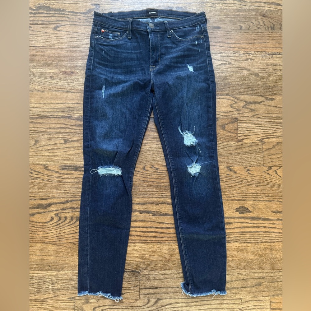 Hudson Nico Midnight Blue Distressed Frayed Hem Midrise Skinny Ankle Jeans, 31